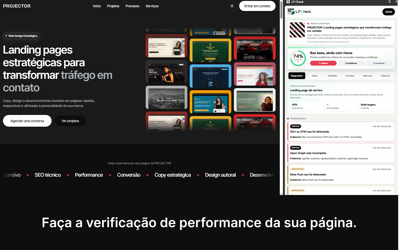 Painel do LP Check aberto ao lado de uma landing page, com score e prioridades