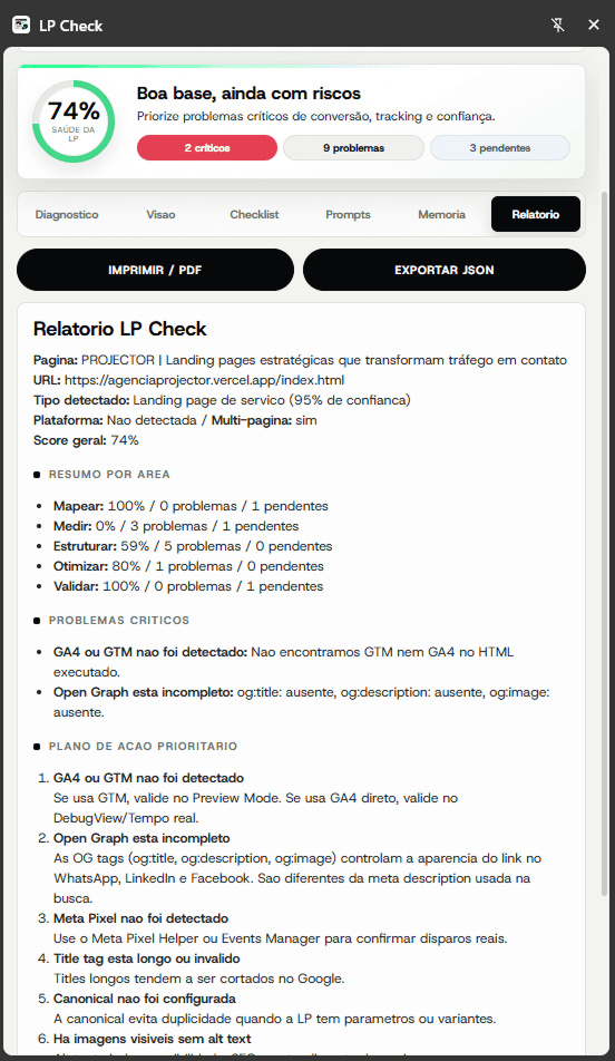 Aba Relatório do LP Check com botões de imprimir em PDF e exportar JSON e o plano de ação