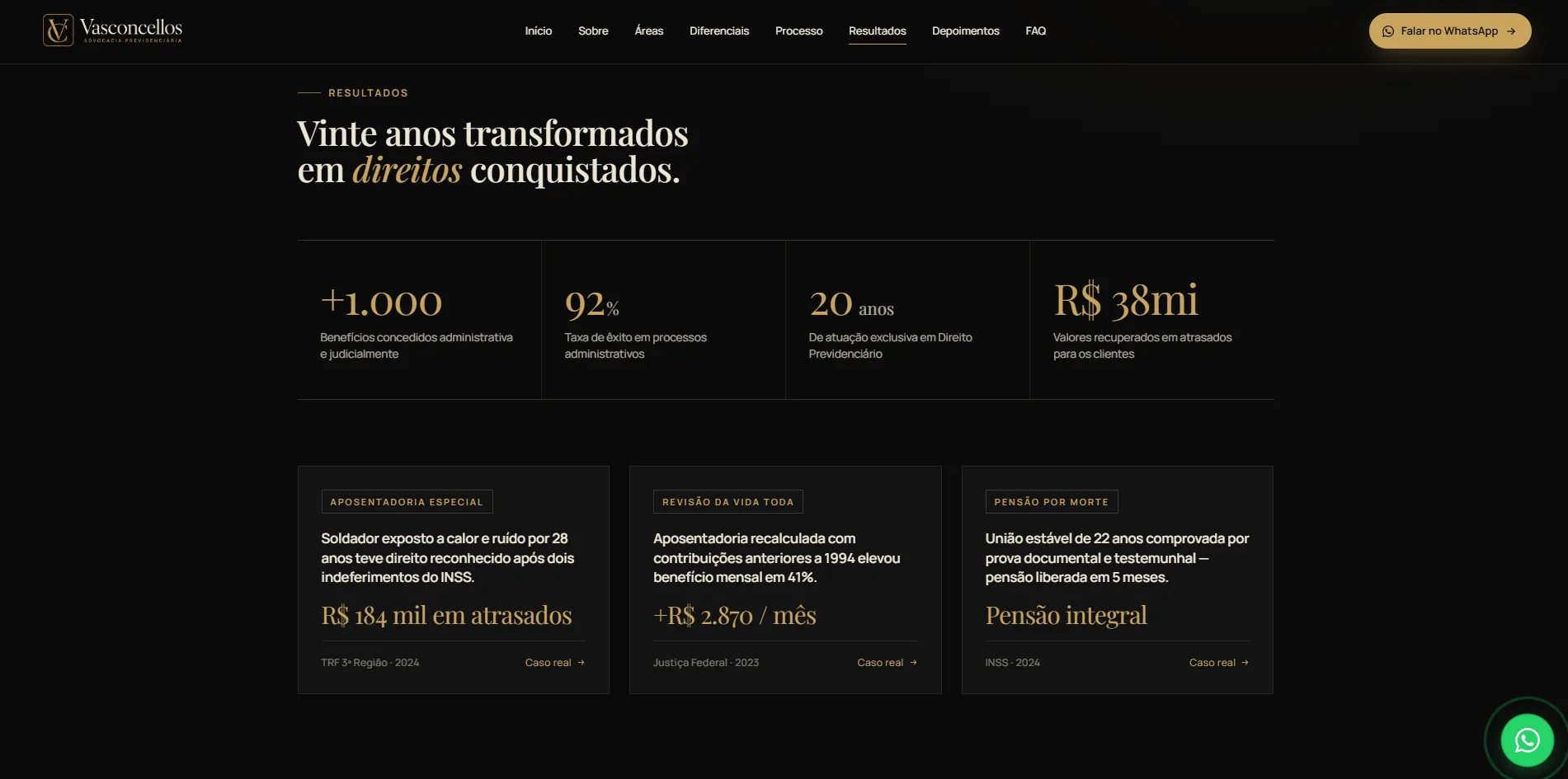 Slide de resultados do template de advocacia previdenciária