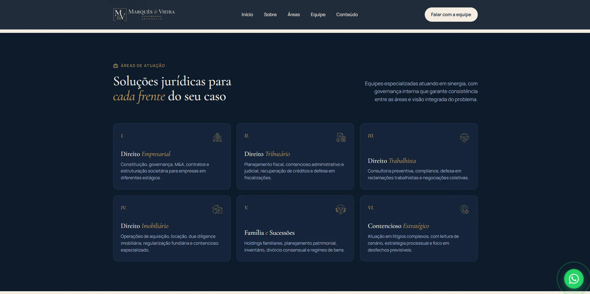 Slide das áreas de atuação do template full-service de advocacia