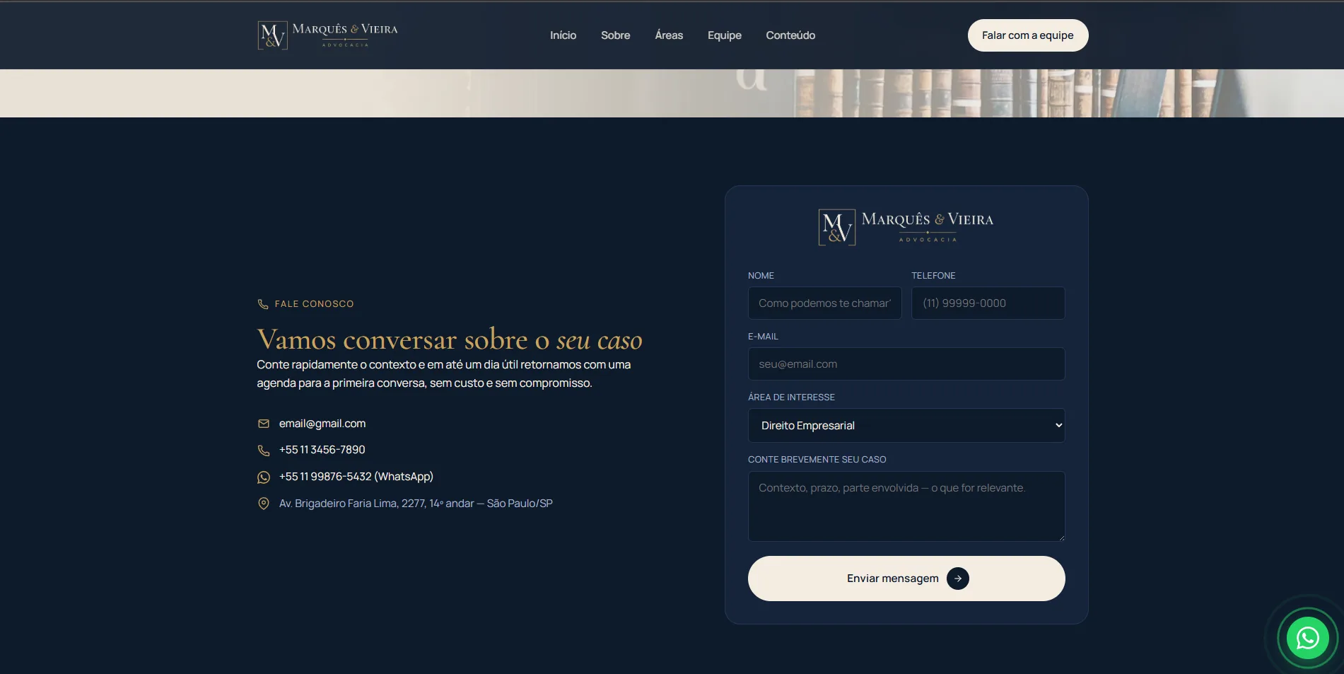 Slide de contato do template full-service de advocacia